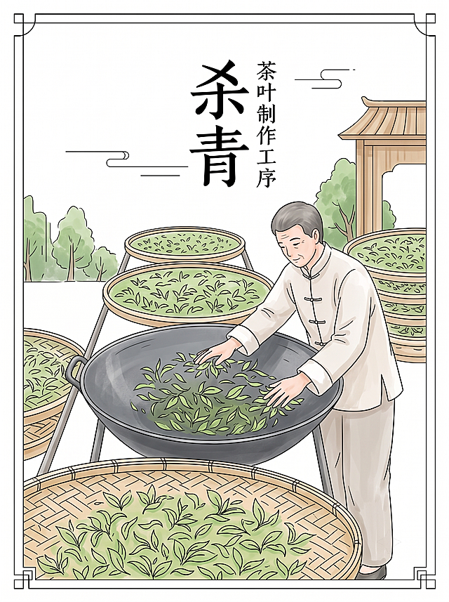 为杀青工序老师傅铁锅炒茶线稿上色，保留新中式国风，茶叶嫩绿，铁锅深灰，人物衣服浅米白，整体色调清新淡雅，低饱和，白底，适合印刷排版