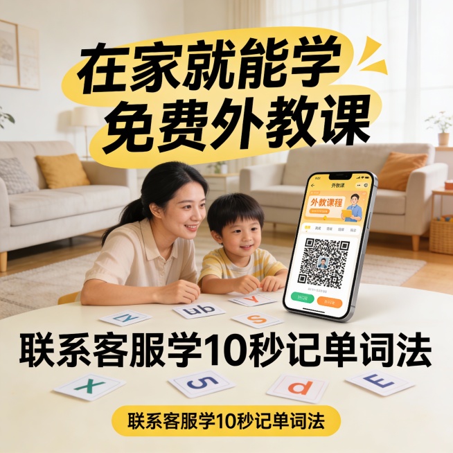 帮我生成一张吸引家长和孩子报名体验的招生海报：
1. 扫码登录后立即免费获得3节真人外教一对一口语陪练课
2. 联系客服还可以获得10秒记单词的超级记忆方法

赶快行动吧，也可以分享给更多的家长参与，预览效果