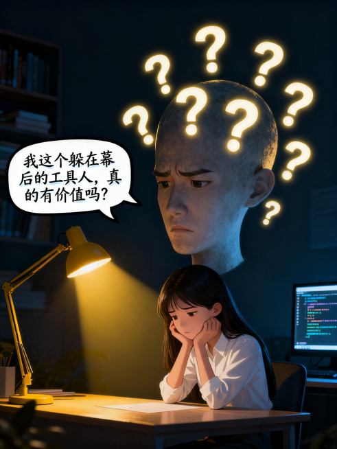 深夜场景，一个穿白衬衫的年轻长发女性正在思考，这位年轻女性的脑袋放大，脑袋周围布满了很多问号，传达出对自我价值的困惑情绪：'我这个躲在幕后的工具人，真的有价值吗？'预览效果