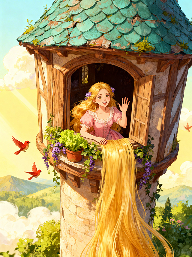 《格林童话·莴苣姑娘》儿童读物封面，治愈系童话插画风格，手绘肌理质感，笔触柔和细腻。俯视侧视角，以塔楼窗台为视觉核心：前景是从窗台倾泻而下的瀑布般金色长发，占据画面下半部分；中景窗台内，金发碧眼的莴苣姑娘是主体，她笑容灿烂明亮，头发蓬松有光泽，发间点缀淡紫色小花，身着柔粉色复古蕾丝裙，一只手搭在窗台，另一只手向窗外挥手，窗台摆放一小盆鲜嫩莴苣，边缘缠绕深浅绿色藤蔓和紫色花藤；背景是暖黄到浅蓝渐变天空，搭配蓬松云朵，阳光斜射，层叠远山和茂密绿植，3-4只暖红色小鸟在窗台旁、长发间飞舞。塔楼是温暖原木结构，木纹清晰，窗台做旧，屋顶铺青绿色鱼鳞状瓦片，瓦片缝隙长有小草苔藓。整体色彩温暖梦幻，造型柔和，充满浪漫生机，适配儿童读物调性，精准还原参考图的噪点肌理和植物风格。