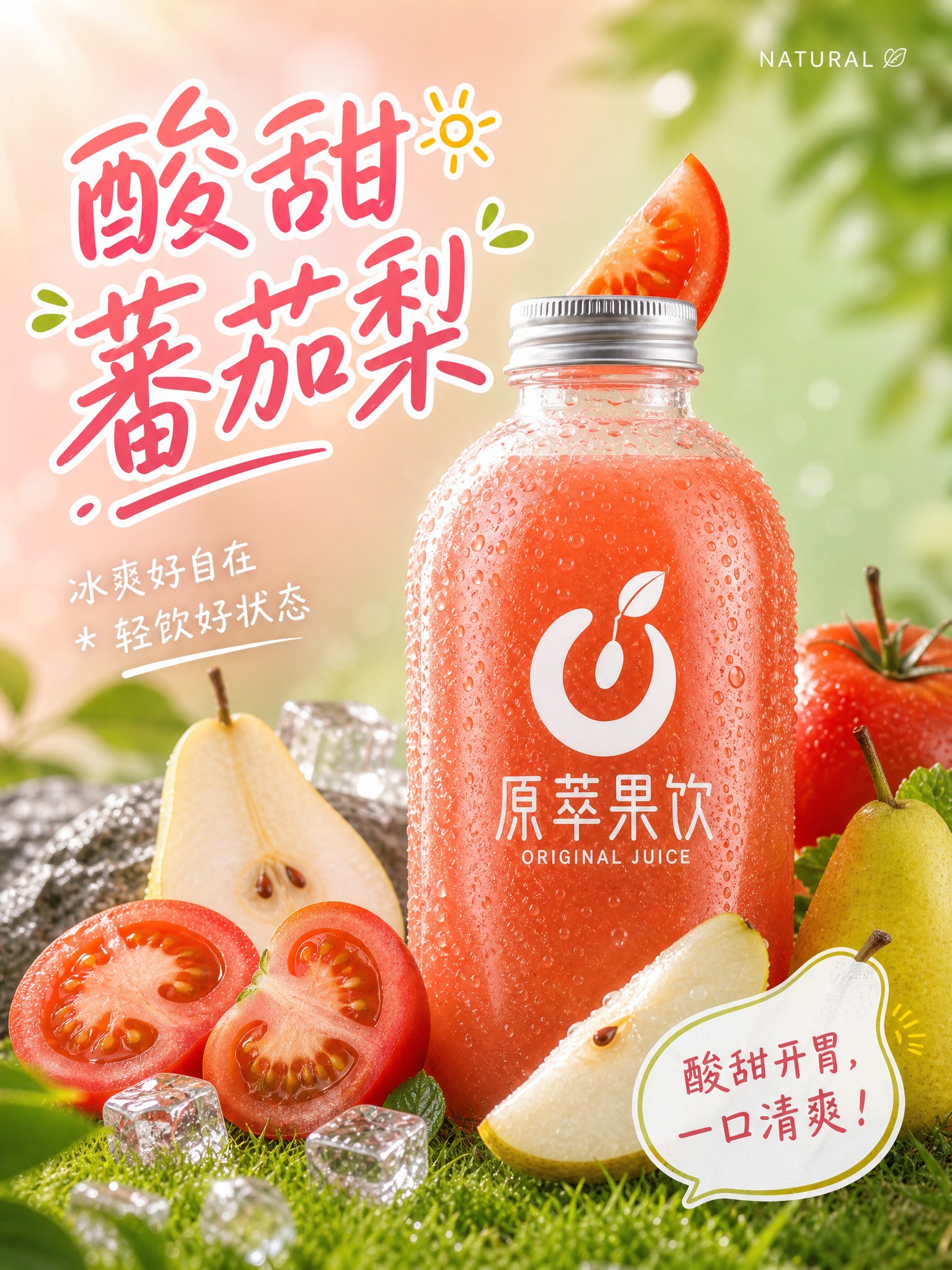 参考图的竖版3:4构图、版式骨架和氛围风格，生成酸甜蕃茄梨鲜榨… - 图片创意预览