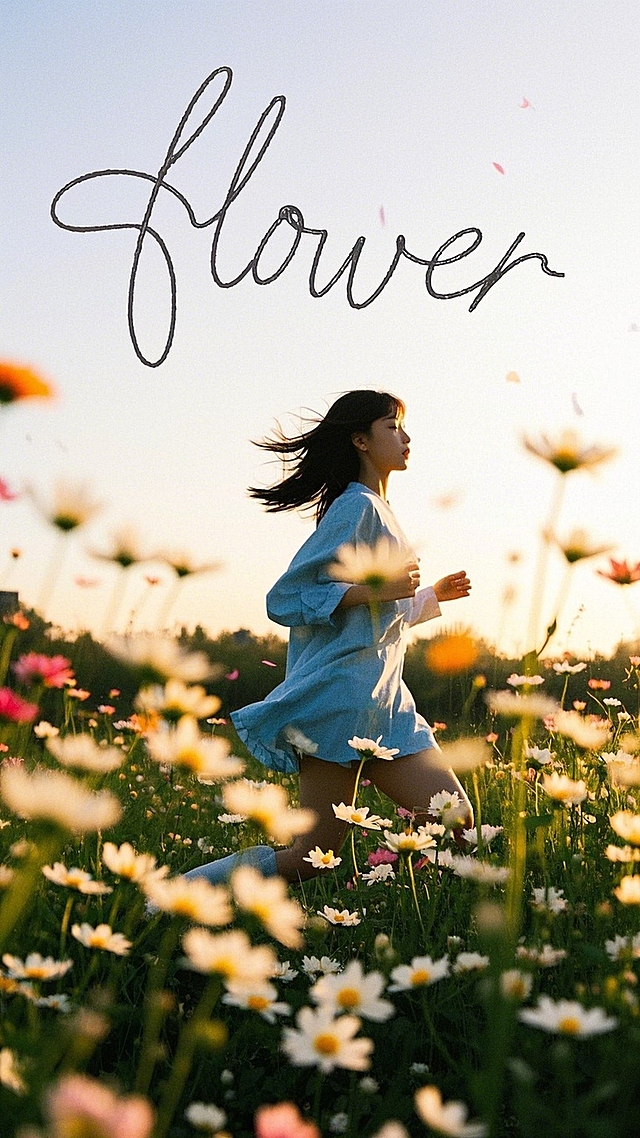 胶片风花海中，少女轻盈奔跑，清新唯美的实景感，手账风文字点缀浪漫文艺。