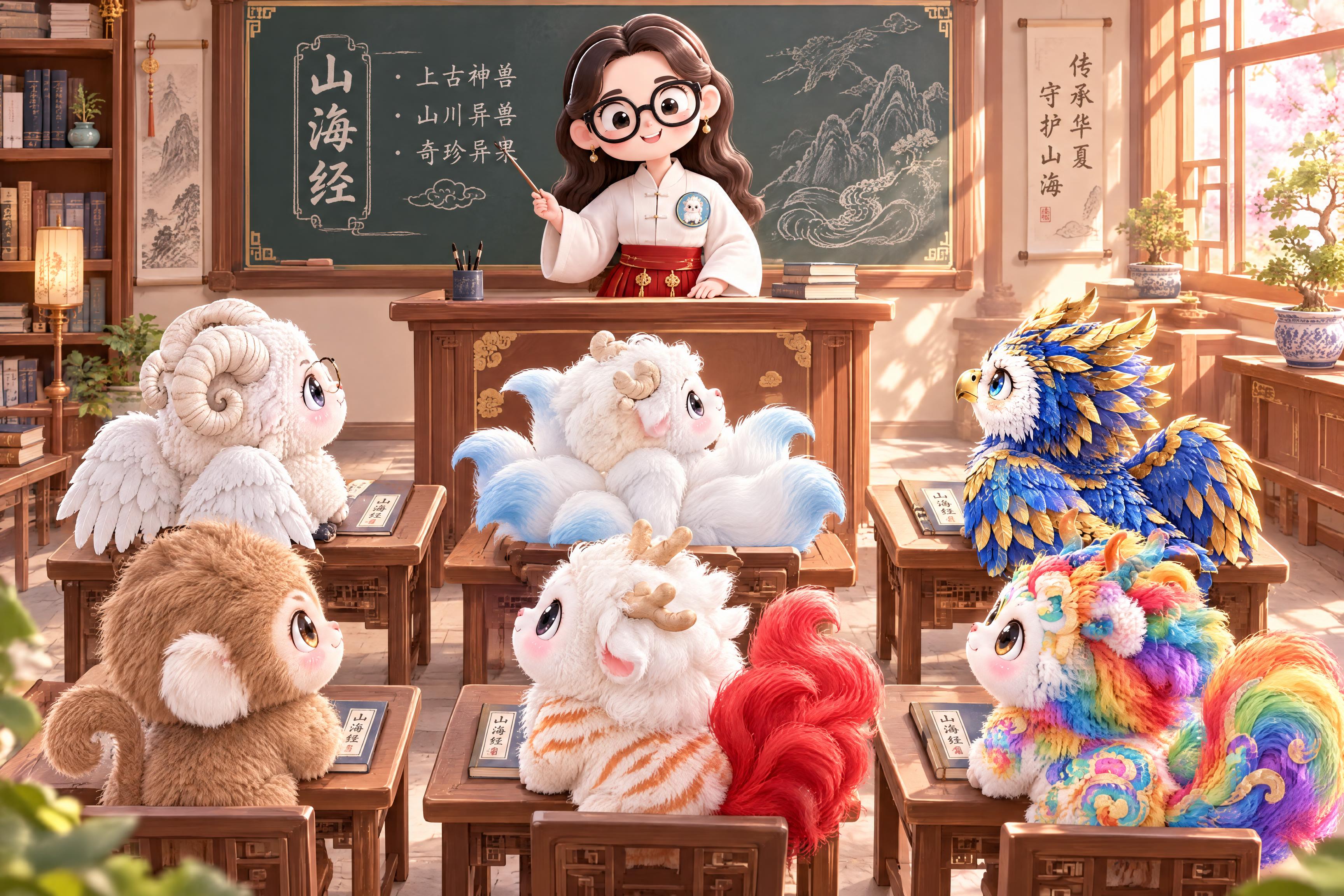 温馨的国风教室场景，女老师站在讲台上讲课，6只山海经小神兽坐在… - 图片创意预览