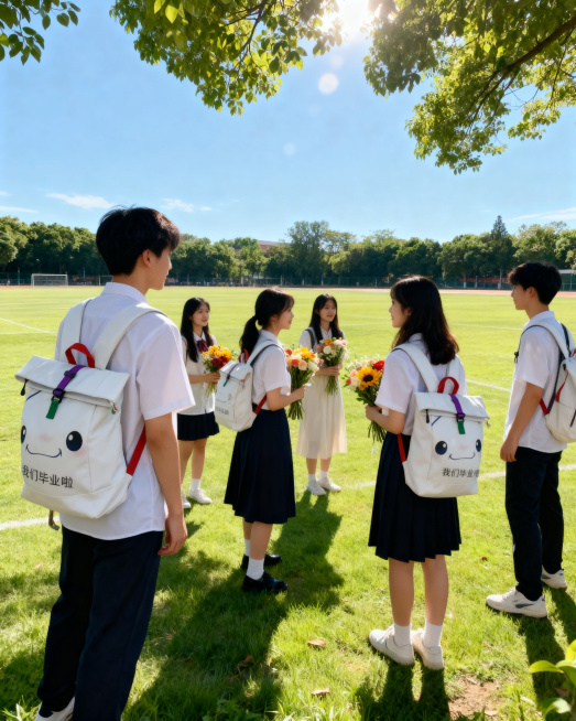 保持背包原有设计不变，白色背包，带有卡通笑脸图案和"我们毕业啦"文字，红色提手，紫色绿色织带扣，保持物理结构绝对不变，严禁扭曲变形。
一群年轻中国大学生少男少女背着这个背包，场景是明亮的大学操场，几个预览效果