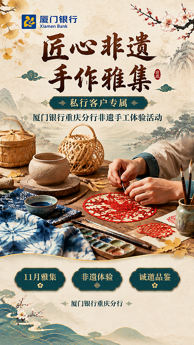 在这张非遗手工活动海报基础上进行修改：1. 左上角添加厦门银行logo（蓝底金色花瓣图形标志+厦门银行中英文名称），logo清晰醒目；2. 去掉右下角的二维码占位框；3. 突出邀约对象为私行客户群体，在主标题下方或副标题位置添加"私行客户专属"字样，使用雅致尊贵的字体，体现私行客户高端身份；4. 整体保持原有的国风雅致风格、米棕青蓝传统配色和非遗手作氛围；5. 其他元素（手工材料、木桌、水墨背景、传统纹样等）保持不变，版式精美，文字清晰可读。