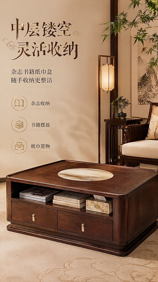 [第4张] 详情页第四张-中层镂空置物层收纳展示。本张使用【图1】作为商品主体，保持产品结构、比例、颜色、材质完全一致。
[氛围/风格] 整洁有序收纳展示，奢华新中式风格，商业摄影质感。
[元素布局] 茶几侧面45度角展示，占比约55%，重点突出中层镂空置物层；中层置物层内整齐摆放：几本精装杂志、堆叠的书籍、一个精致纸巾盒；背景是奢华新中式客厅一角，有单人沙发、边几、落地灯、装饰画、绿植；产品结构比例、中层镂空高度与输入图完全一致。
[光影质感] 前方45度主光，中层内部有柔和补光，清晰展示收纳空间，整体光线明亮通透，木纹和大理石质感清晰。
[配色色系] 全局底色暖米棕色；主色深胡桃木棕；辅助色米白、金色、墨绿。
[视角构图] 侧面微俯视角度，中层置物层为视觉焦点，阅读动线从上层台面到中层收纳。
[文字版式] 左侧艺术字标题区，主标题「中层镂空 灵活收纳」用艺术花体字，带云纹装饰笔画；副标题「杂志书籍纸巾盒 随手收纳更整洁」用宋体；下方三个收纳标签「杂志收纳」「书籍摆放」「纸巾置物」，配金色中式图标；文字区在左侧，不遮挡中层展示区。
[比例分辨率] 9:16竖版比例，4K分辨率，文字清晰可辨，高清画质。
[负向提示词] 产品变形，缺件错件，结构错误，颜色偏差，人物出现，水印，文字错乱，文字过小，内部结构展示，抽屉打开，背景杂乱。