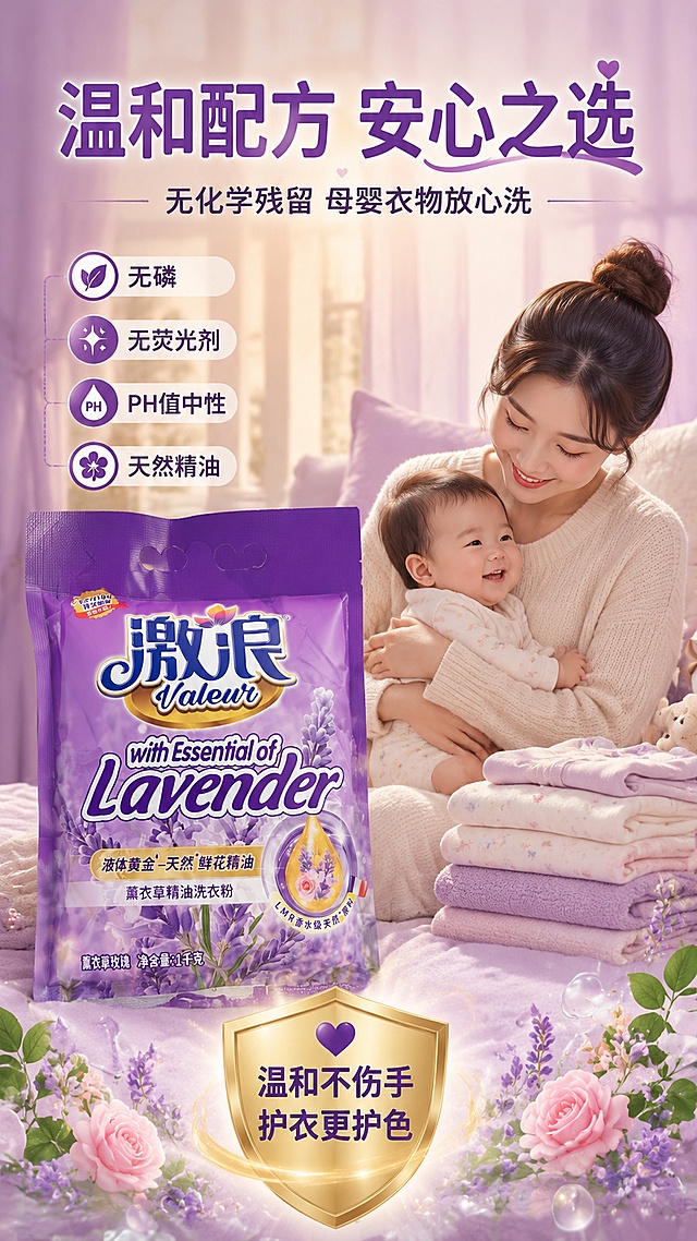 [第6屏] 详情页温和配方保障-无化学残留母婴适用。本屏使用【图1】作为产品主体。
[氛围/风格] 温馨安心风格，柔和暖调，母婴友好氛围，柔软质感，商业摄影+插画结合。
[元素布局] 产品位于画面中央偏左，占比约40%；右侧为温馨母婴场景：妈妈抱着宝宝，旁边叠放着柔软的婴儿衣物、毛巾、棉质床单；背景为暖紫色渐变卧室场景，有柔和的窗帘、抱枕、阳光；画面下方漂浮着绿叶、花朵、水滴等天然元素，象征温和天然；产品外观与输入图一致。
[光影质感] 暖黄色柔光，整体温馨柔和，衣物棉麻质感清晰，光影过渡自然，给人安心感。
[配色色系] 全局底色渐变 #F0E6F5 到 #E8D5F0 暖紫白；主色柔紫、米白；辅助色淡粉、浅绿、金色。
[视角构图] 左产品右场景的横向构图，产品与人物场景呼应，阅读动线从左到右。
[文字版式] 顶部主标题「温和配方 安心之选」，副标题「无化学残留 母婴衣物放心洗」；产品旁用引线标注四个安全标签：「无磷」「无荧光剂」「PH值中性」「天然精油」；底部金色盾牌图标配文「温和不伤手 护衣更护色」；文字为深紫柔黑体，温暖亲切。
[比例分辨率] 9:16 竖版比例，4K 分辨率，文字清晰可辨，高清画质。
[负向提示词] 产品变形，文字错乱，颜色偏差，水印，文字过小，人物不自然，产品图模糊。