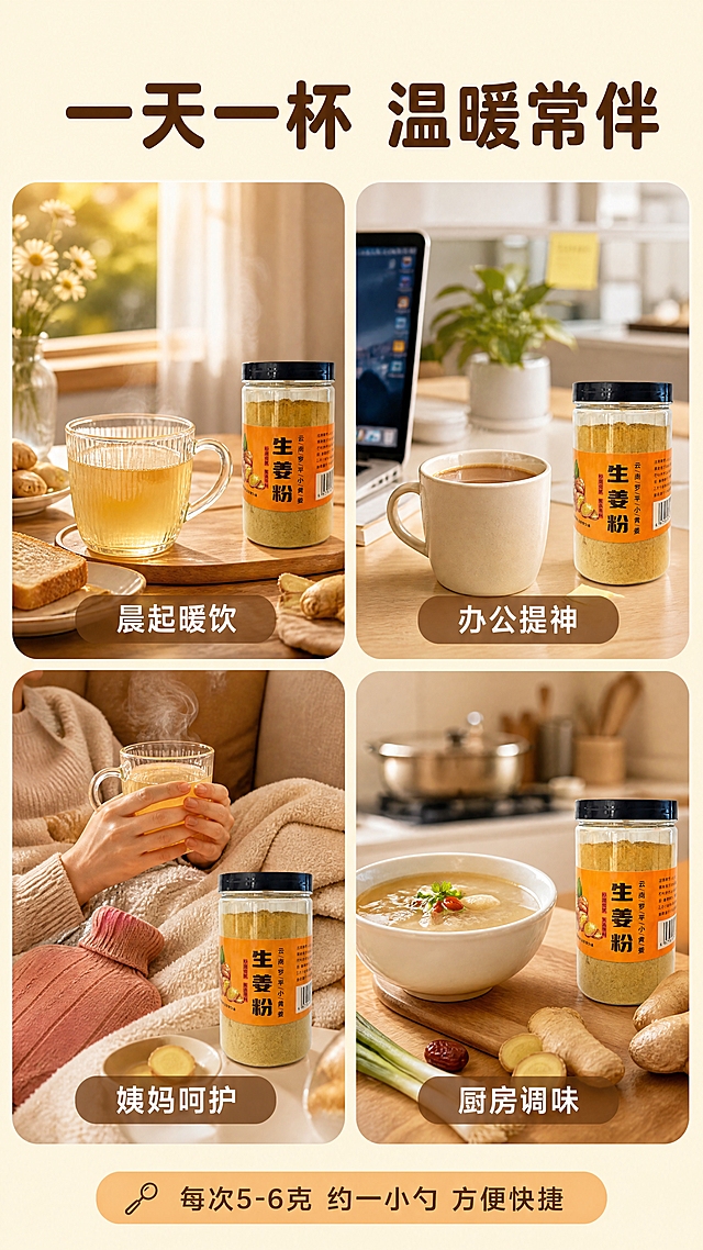 [第6张] 详情页场景种草-日常食用时刻多场景拼图。本张使用【图1】生姜粉罐作为各场景产品元素，包装外观保持一致。
[氛围/风格] 生活场景拼图风，2×2圆角卡片布局，每个场景独立温馨，整体统一暖调。
[元素布局] 2×2四张圆角卡片拼图，卡片间留均匀间距：左上卡片「晨起暖饮」- 阳光餐桌，姜茶+面包+生姜粉罐；右上卡片「办公提神」- 办公桌一角，马克杯冲姜茶+电脑+姜粉罐；左下卡片「姨妈呵护」- 沙发毛毯，暖手捧姜茶+姜粉罐+暖水袋；右下卡片「厨房调味」- 厨房台面，姜粉罐+汤碗+新鲜食材；背景为暖米色底。
[光影质感] 每个卡片独立柔和暖光，场景真实自然，产品罐在各场景中清晰可辨，整体光线统一。
[配色色系] 全局底色 #FFF8E1（暖米黄）；主色暖橙 #FF8A3D；辅助色姜黄 #FBC02D、木棕 #795548；字色深棕 #4E342E。
[视角构图] 2×2网格拼图，阅读动线从左上→右上→左下→右下，每张卡片独立场景视角。
[文字版式] 顶部大标题「一天一杯 温暖常伴」，温润圆角黑体深棕色；每张卡片底部配半透明圆角标签+场景名称：「晨起暖饮」「办公提神」「姨妈呵护」「厨房调味」，白字深褐底半透明；底部横排说明「每次5-6克 约一小勺 方便快捷」，浅橙底深褐字；全套字形字色与第1张统一。
[比例分辨率] 9:16竖版，4K分辨率，文字清晰可读，高清画质。
[负向提示词] 产品罐变形，标签错乱，场景虚假，水印，文字过小，颜色偏差，卡片边缘不齐。