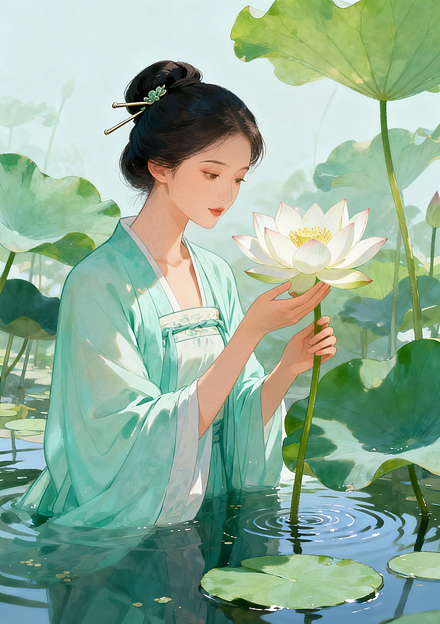 廉洁主题插画，以出淤泥而不染的莲花和唯美女性为主体，清新雅致的国风配色，画面干净通透，整体氛围高洁典雅，竖版构图