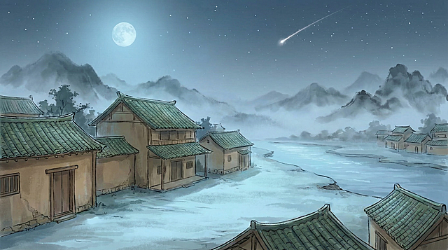 国风动画构图，楚国古村落夜景，青瓦土墙线条柔和，淡蓝色月光铺洒地面，远山朦胧带水墨感，天空有流星滑落；