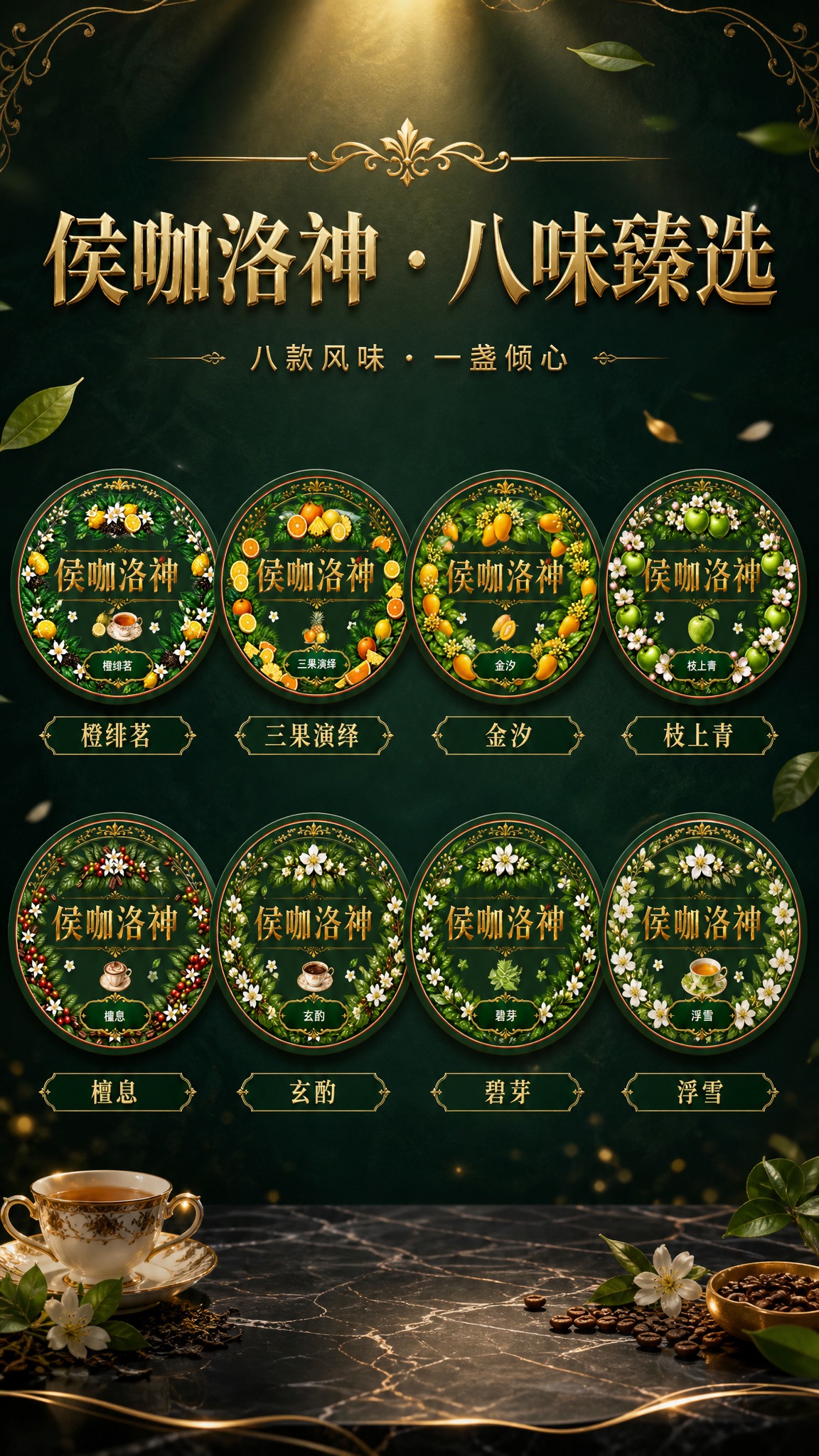 高端精致茶咖饮品系列海报，八款正圆形风味产品徽章整齐排列，所有… - 图片创意预览