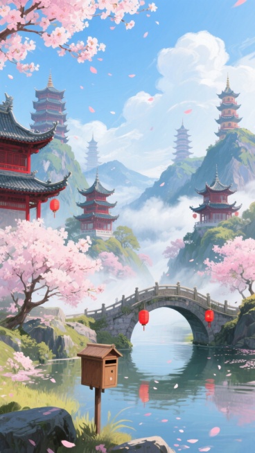 中国风背景：中国古代建筑、无人、云、灯笼、桥梁、信箱、山、建筑、樱花、花瓣、宝塔。蓝天白云预览效果