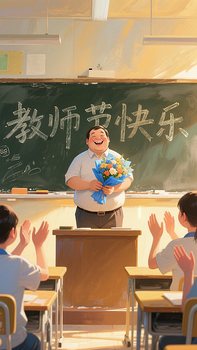 教室里，黑板上写着 “教师节快乐” ，一位笑容灿烂的中年男教师（胖胖的）捧着蓝色包装的一束花站在讲台上面对学生，学生鼓掌，暖黄色光影，正视，画面重心居下