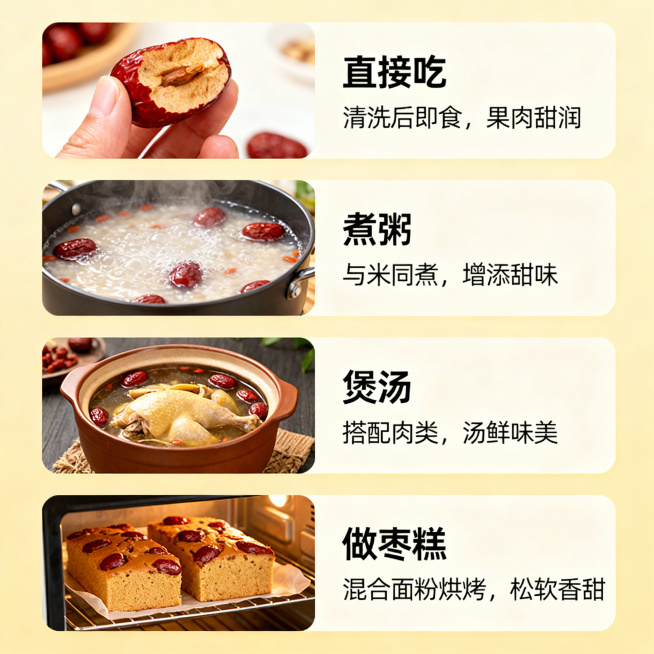 红枣详情页4：食用方法图，分四个小板块展示：直接吃、煮粥、煲汤、做枣糕，每个板块配对应场景小图，搭配简洁文字说明，浅暖黄背景，清晰实用风格，1:1比例预览效果