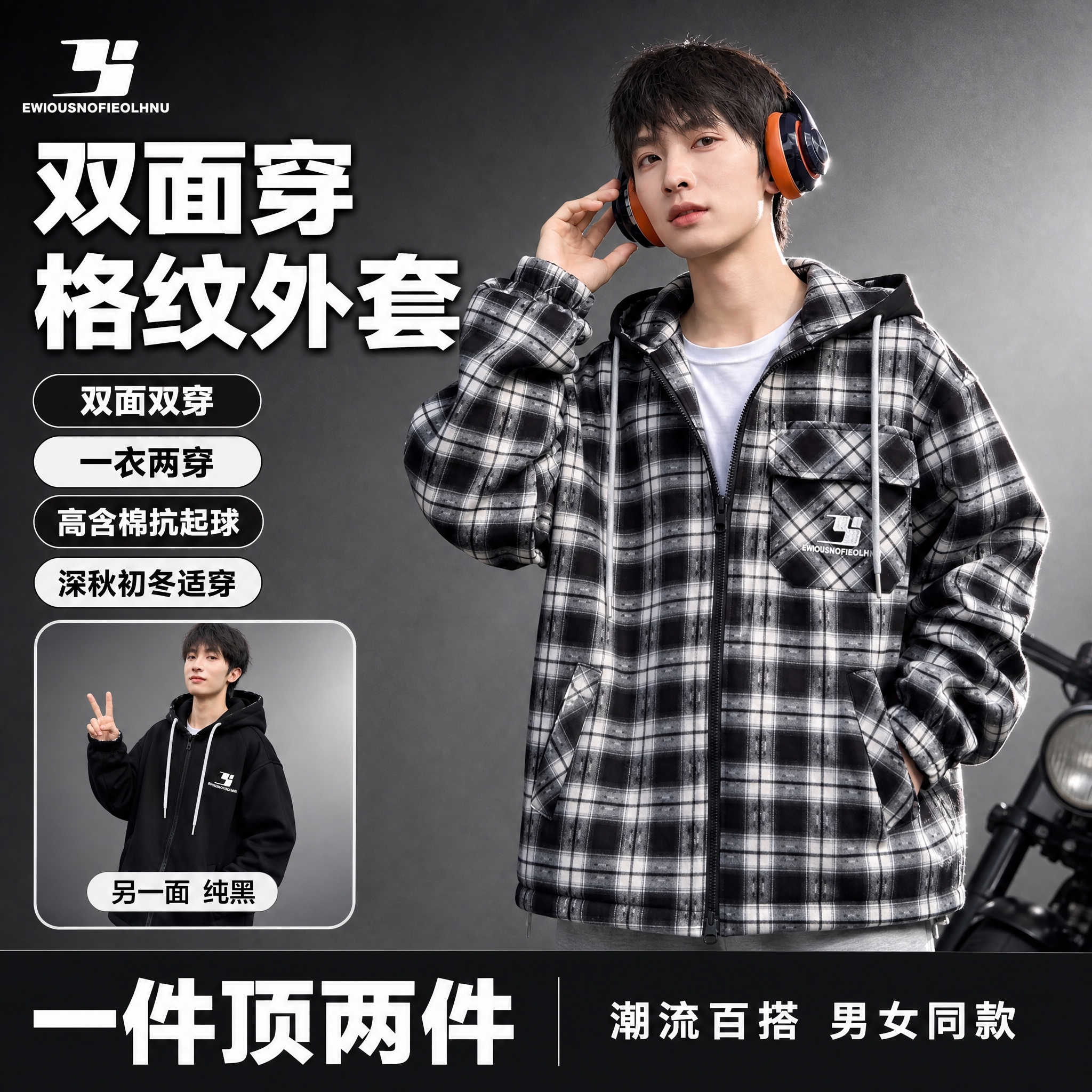 [单张主图] 双面穿格纹连帽外套，抖音电商1:1主图，爆款促销… - 图片创意预览