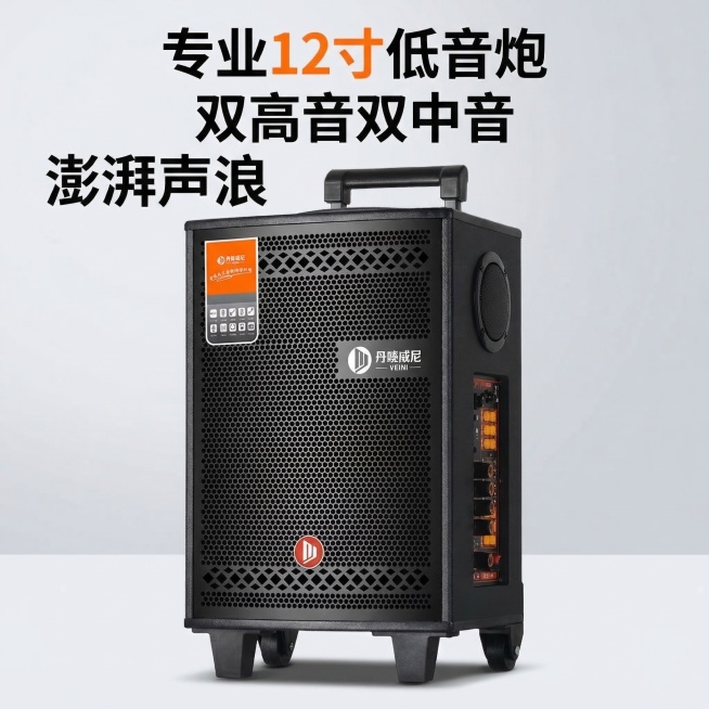 白底或浅灰底精修图，清晰展示广场舞音响产品全貌，产品垫图基于提供的原产品图，文案为"专业12寸低音炮" "双高音双中音" "澎湃声浪"，文案悬浮在图片上，简洁清晰，突出产品外观，电商主图风格预览效果