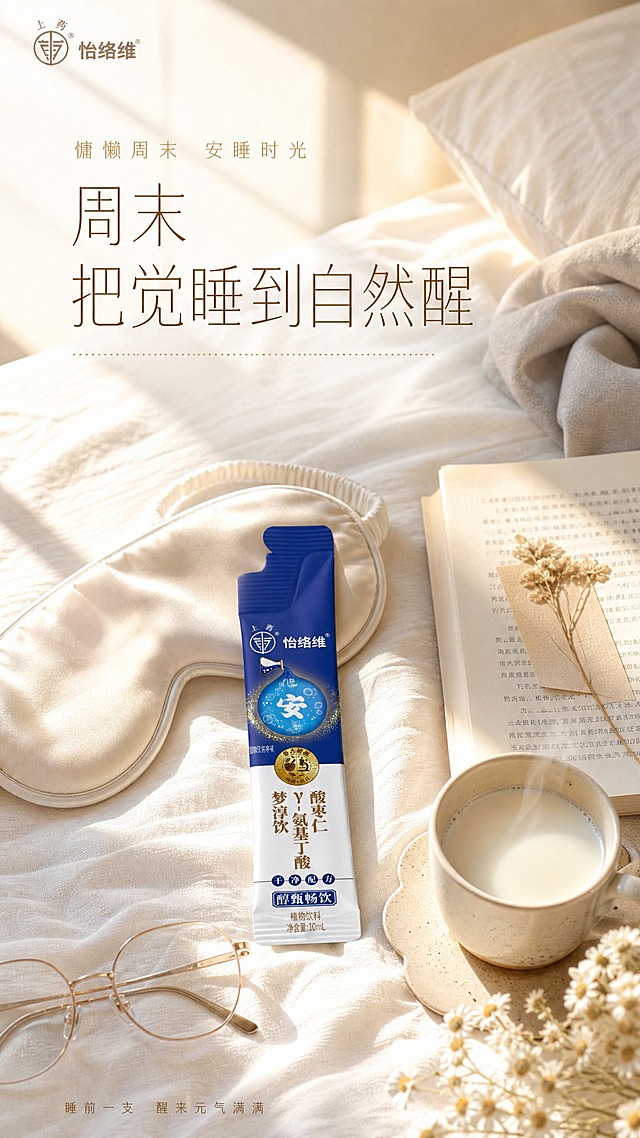[电商主图] 怡络维酸枣仁γ-氨基丁酸梦淳饮 植物饮料 10mL条装 周末慵懒场景主题 阳光卧室松弛氛围感。
[画面主体] 画面中部偏下的床铺上竖直摆放1条完整产品，产品外观、颜色、结构、Logo、文字排版与输入产品图完全一致：上半部分为深蓝色包装，印有"上药"圆形Logo和"怡络维"品牌名，中部蓝色水滴图案内含"安"字，金色圆形品质徽章，下半部分米白底印有"酸枣仁 γ-氨基丁酸 梦淳饮"竖排文字，底部"醇甄畅饮"蓝色标签和"植物饮料 净含量:10mL"说明文字。产品靠在一个米白色真丝眼罩旁边，放置在柔软的白色床单上，阳光斜斜洒在上面。
[构图版式] 竖版9:16构图，采用俯视略带角度的慵懒构图，产品位于画面中下部，占画面约20%，周围是床铺和枕边小物，上方大面积阳光留白放主标题，营造周末早晨赖床的松弛感。
[场景元素] 阳光满溢的卧室床铺场景。床上铺着米白色或浅米色的棉麻床单，有自然的褶皱。产品旁边：一个米白色真丝眼罩（带子随意散开）、一本翻开一半的平装书（书页微微卷起，放着一片干花书签）、一杯温牛奶（放在陶瓷杯垫上，冒着微微热气）、一副细框眼镜、一小束白色洋甘菊干花。背景是白色的枕头和浅灰色被子，被子随意地堆在一旁，有睡过的蓬松感。画面左侧有大片温暖的金色阳光从窗户斜洒进来，在床单上形成明亮的光斑和窗棂的影子，空气中似乎有细小的尘埃在阳光中浮动。整体画面色调温暖柔和，充满周末早晨不用赶时间、可以睡到自然醒的慵懒松弛感。
[文案版式] 画面上方阳光区域放置主标题"周末 把觉睡到自然醒"，用暖棕色细黑体字，字体轻盈柔软，分行排列，仿佛阳光中漂浮的文字。主标题上方有小号暖金色细体字"慵懒周末 安睡时光"。主标题下方有一条细细的暖金色虚线装饰。左上角安全区放置"上药 怡络维"品牌Logo，暖棕色半透明。画面底部有一行极小的暖棕色辅助文案"睡前一支 醒来元气满满"。所有文字横排，轻盈柔和，不遮挡产品主体，融入阳光氛围中。
[光影质感] 商业摄影质感，温暖的金色晨光作为主光源从左侧斜射进来，在床单和物品上形成明亮的高光和柔和的长阴影。产品包装的深蓝色在暖光下呈现温润的光泽，金色徽章有温暖的金属反光。床单棉麻纹理清晰，书页有自然的卷曲质感。整体画面光线温暖柔和，明暗过渡自然，充满阳光的味道和周末慵懒的松弛感。
[配色字体] 主色：米白、暖金、暖棕、白色、辅助色：浅灰、深蓝、强调色：金色（徽章）。字体：主标题用细黑体，暖棕色；辅助文案用极细黑体，暖金色。字体轻盈柔软，层级分明。
[比例] 9:16竖版，2K分辨率，文字清晰可辨。
[负向提示词] 产品变形、色差、结构错误、Logo变形、文字错字、模糊、水印、平台Logo、人物面部、杂乱过度、冷色调、强光刺眼、医疗化夸张表达、疾病治疗暗示。