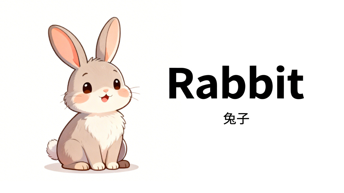 幼儿英语启蒙PPT内页，主题兔子，活泼可爱卡通风格，左侧是一只可爱的兔子卡通图片，右侧大大的英文单词"Rabbit"，下方配小字号中文注释"兔子"，整体简洁清晰，适合幼儿学习预览效果