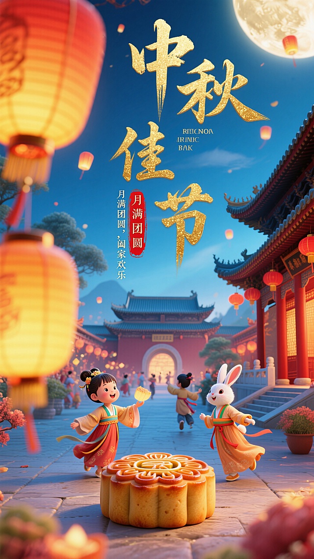 国潮插画风，闪光金色字“中秋佳节”大字是书法体，底色红色印章小字”月满团圆，阖家欢乐“。有宫殿，古建筑，月饼，兔子，身穿汉服的小孩在戏玩，灯笼高斯模糊+动感模糊。色彩保和明亮，字体闪金，整体画面宏大灵动，整体氛围是热闹喜庆，有宏大的背景。背景色调以青蓝色为主，铺助色要红色+黄色，