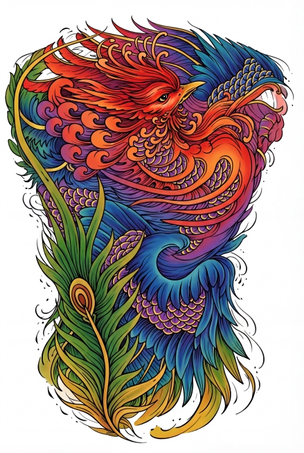 将这张凤凰纹身线稿渲染为鲜艳彩色：凤凰主体羽毛从头部朱红渐变到尾部宝蓝，鳞片做金色描边，外层长尾羽毛用草绿渐变暖黄，整体色彩饱和度高，对比强烈，保留全部细节线条，纯白色背景，保持原有竖向构图，色彩过渡预览效果