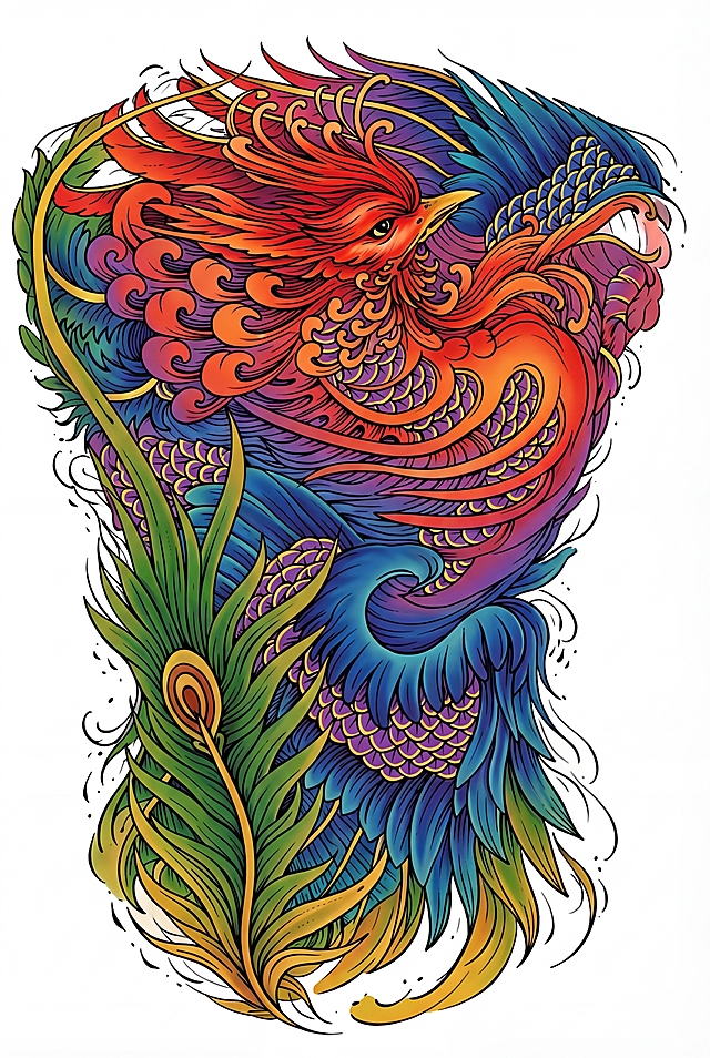 将这张凤凰纹身线稿渲染为鲜艳彩色：凤凰主体羽毛从头部朱红渐变到尾部宝蓝，鳞片做金色描边，外层长尾羽毛用草绿渐变暖黄，整体色彩饱和度高，对比强烈，保留全部细节线条，纯白色背景，保持原有竖向构图，色彩过渡自然，符合传统纹身艳丽风格