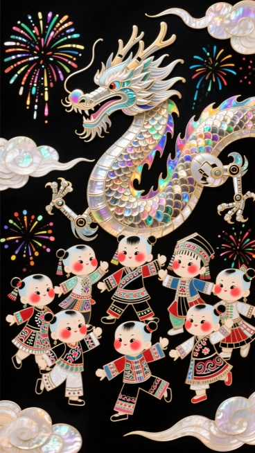 一群活泼的卡通民族娃娃，穿着融合蜡染、刺绣纹样的现代潮流服饰，共同舞动一条皮影工艺风格的机械巨龙，背景是年画特色的祥云和烟花，动态感十足，趣味性强。卡通娃娃 皮影机械龙 潮流民族服饰 动态年画预览效果