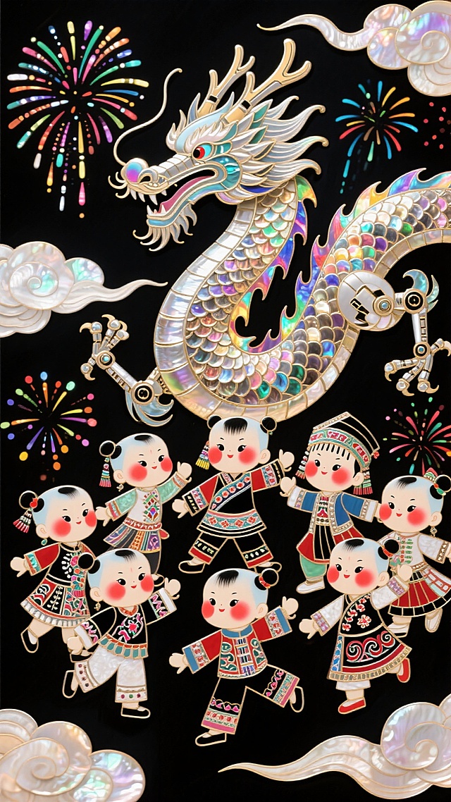 一群活泼的卡通民族娃娃，穿着融合蜡染、刺绣纹样的现代潮流服饰，共同舞动一条皮影工艺风格的机械巨龙，背景是年画特色的祥云和烟花，动态感十足，趣味性强。
