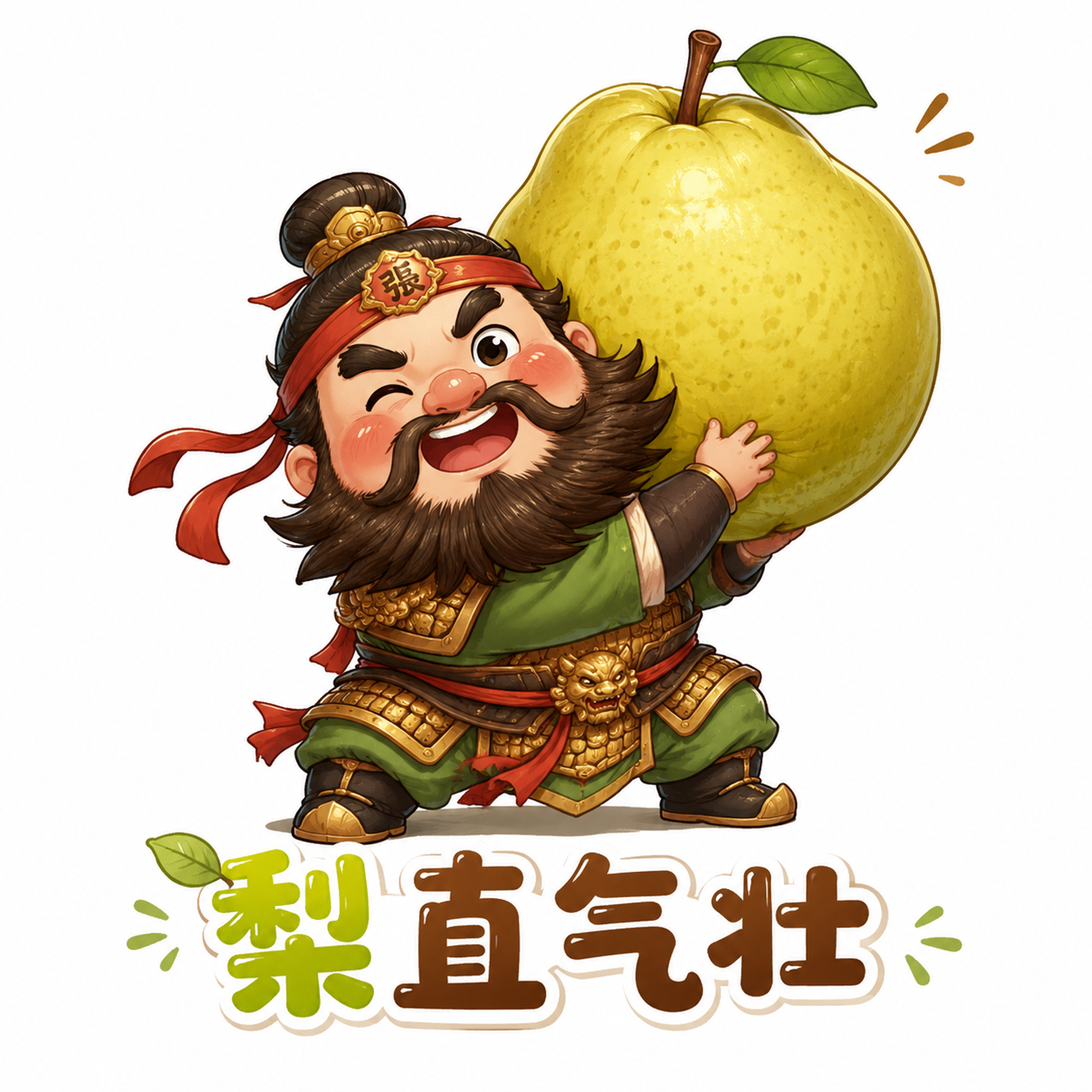 创意可爱Q版插画，张飞形象与梨搭配，张飞做出扛着梨的憨厚可爱姿… - 图片创意预览