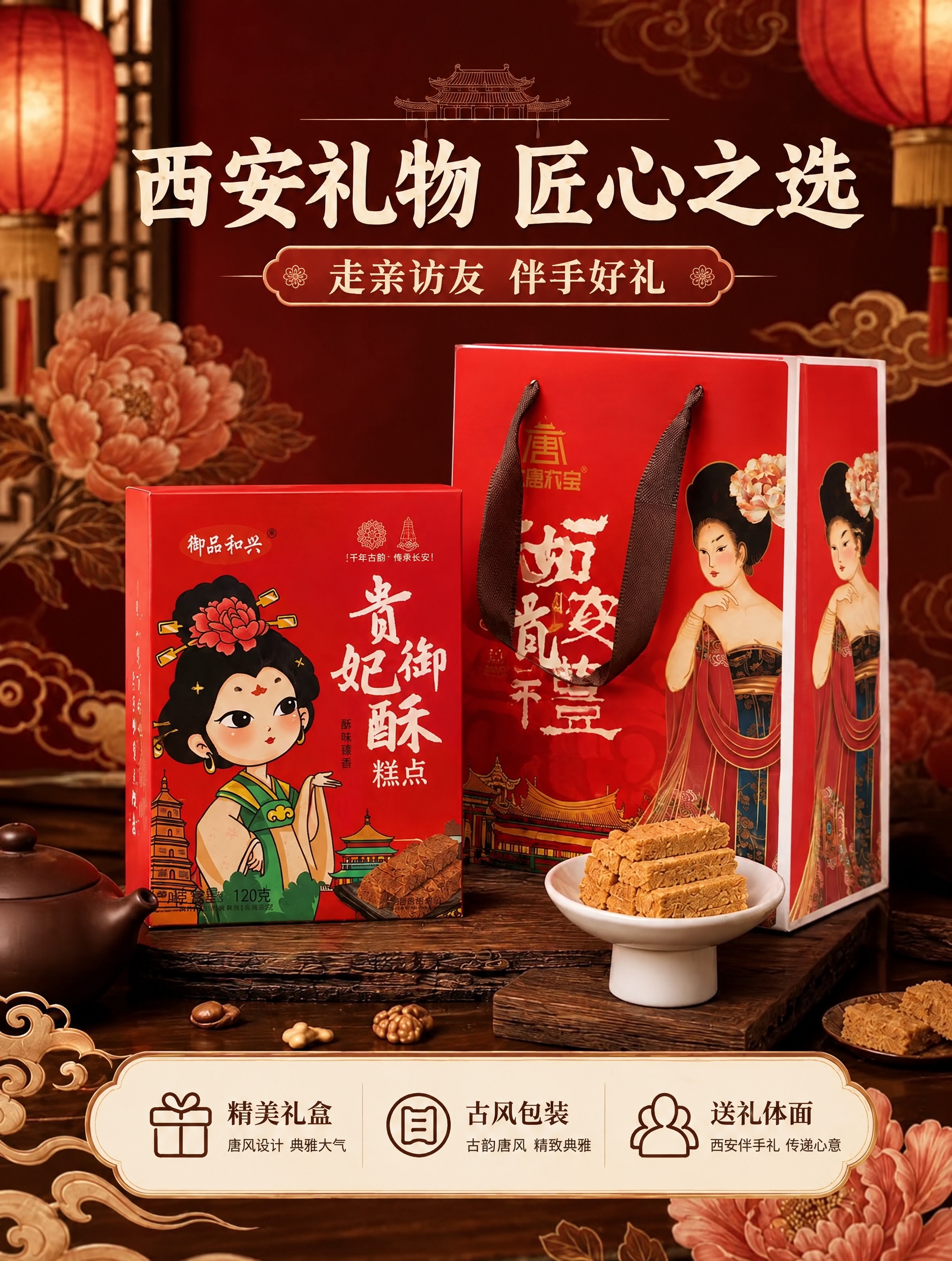 将第一张图里的红色产品包装盒和红色手提礼品袋，替换为第二张图中… - 图片创意预览