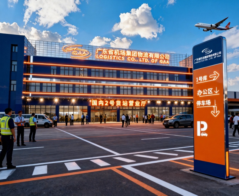 按提供图1场景中的门头上的(国内2号货站营业厅)和楼顶广告招牌上的(LOGO+广东省机场集团物流有限公司+LOGISTICS CO.,LTD.OF GAA)等字体换成不锈钢包边,字体表面发光颜色采用爱预览效果
