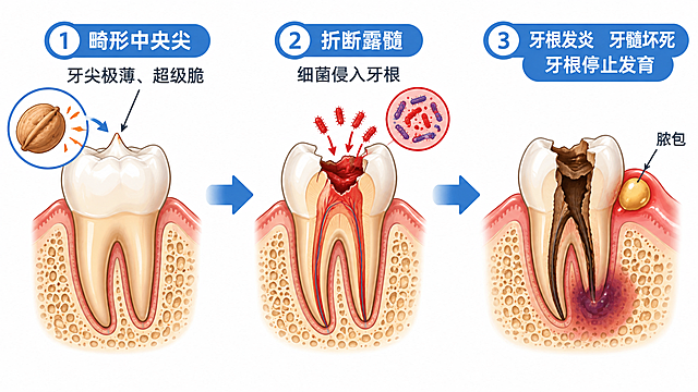 白底医学科普流程图，横向排列三个步骤展示畸形中央尖折断后果。第一步：左侧一颗下颌前磨牙，牙尖处有一个细小高耸的畸形中央尖，标注文字"畸形中央尖 牙尖极薄、超级脆"，旁边画一个坚果示意外力；第二步：中间同一颗牙齿，中央尖已经折断，牙尖处缺损露出红色牙髓，标注文字"折断露髓 细菌侵入牙根"，有红色箭头表示细菌进入；第三步：右侧同一颗牙齿，牙根内部发炎变黑，根尖周围有阴影表示炎症，标注文字"牙根发炎 牙髓坏死 牙根停止发育"，牙龈处有脓包示意。整体风格简洁医学插画风格，白底，以图为主文字为辅，箭头连接三个步骤表示发展过程，清晰易懂