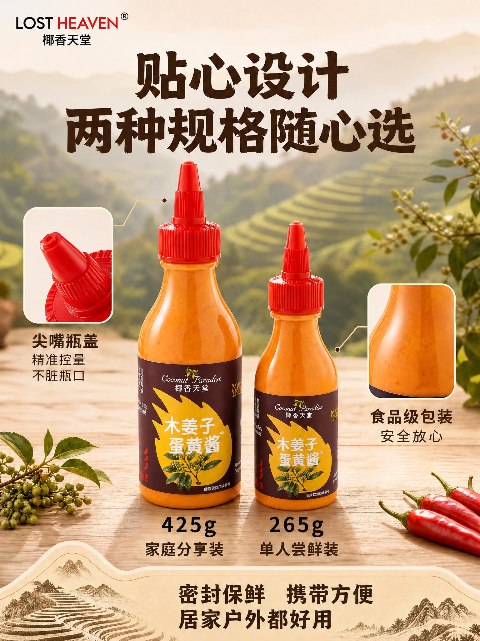 将图中大小两瓶木姜子蛋黄酱挤压瓶的标签都替换为参考图中的新标签… - 图片创意预览