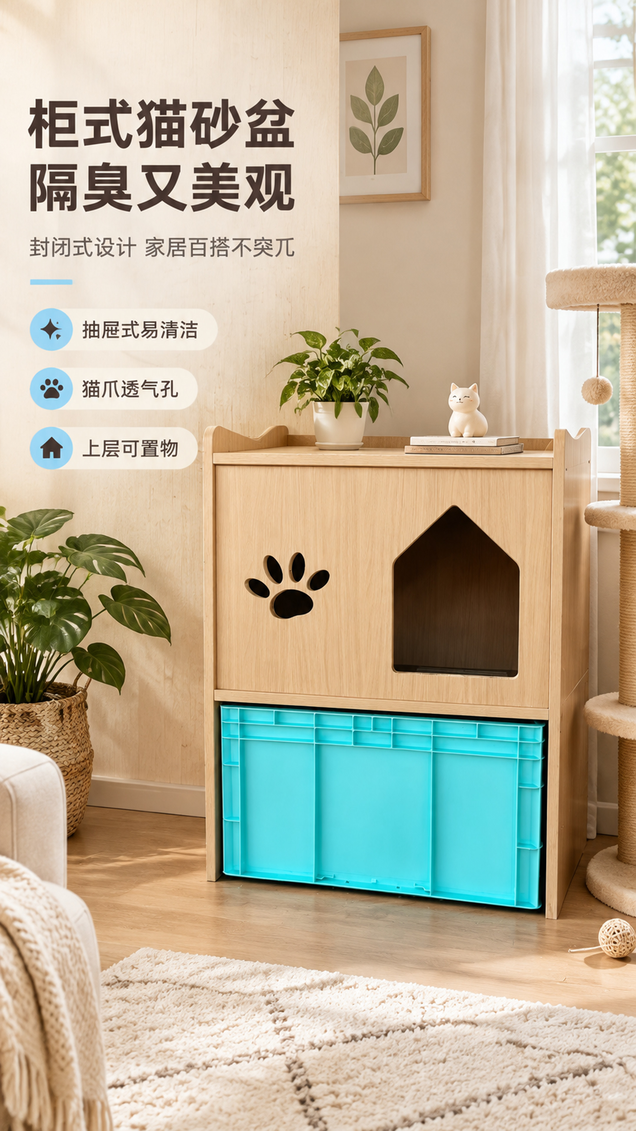 [商品] 使用【图1】【图3】浅原木色猫砂柜；保留猫耳顶造型、… - 图片创意预览