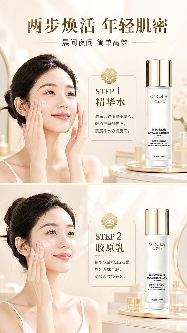 [商品] 使用【图2】赋活精华水和【图3】赋活胶原乳液；分别保留各自瓶身结构、金色瓶盖、白色瓶身、O'ROLA欧若拉Logo、瓶身所有中英文文字和净含量标识；两瓶分别出现在对应步骤中。
[画面] 目标：使用步骤页，展示水乳两步护肤流程。构图：上下分两步，上半部分为第一步精华水使用场景——亚洲女性手部轻拍精华水于面部，旁边摆放精华水瓶；下半部分为第二步乳液使用场景——女性手部涂抹乳液于面部，旁边摆放乳液瓶；中间金色细线分隔；背景为浅白金渐变梳妆台场景，带柔和晨光。
[视觉] 套系策略：风格=高端轻奢美妆商业摄影风；标题字=优雅衬线粗体+现代无衬线组合；正文字=简洁无衬线体；主色=珍珠白+香槟金；背景延展=基于珍珠白做深浅渐变、柔光过渡和细腻水光质感；强调色=香槟金，仅用于小面积图标、引线、标签和光效；标题色=深棕金；正文色=暖灰棕；组件=圆角浅金信息卡、细线金色引线、圆形渐变icon；光影=前侧上方暖柔光，人物肌肤自然通透。
[文字] 顶部主标题"两步焕活 年轻肌密"，副标题"晨间夜间 简单高效"；第一步标注"STEP 1 精华水"——洁面后取适量于掌心，轻拍至面部吸收，层层补水沁润肌底；第二步标注"STEP 2 胶原乳"——精华水后按压2-3泵，均匀涂抹全脸，紧致淡纹锁养分；文字全部横排，层级清晰。
[规格] 图片比例9:16竖版，4K，避免变形、错字、文字过小、冷蓝背景、医疗功效宣称、绝对化用语。