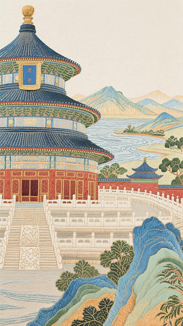 工笔刺绣风呈现天坛圣境，蓝瓦红墙映山水，浮雕质感凝古典静谧，尽显中式神圣之美。