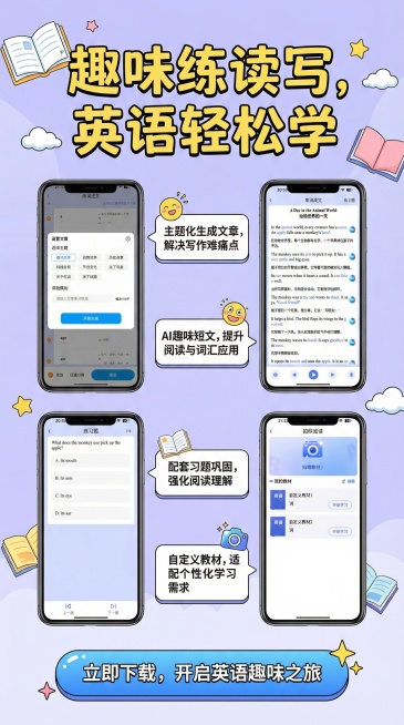 这个是英语单词拼读APP的手机界面，我需要做成产品的详情页，针对孩子学习英语的痛点来设计，生成一张详情页，不要改变我原本的功能界面图片预览效果