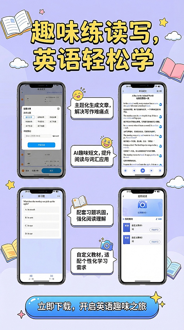 这个是英语单词拼读APP的手机界面，我需要做成产品的详情页，针对孩子学习英语的痛点来设计，生成一张详情页，不要改变我原本的功能界面图片