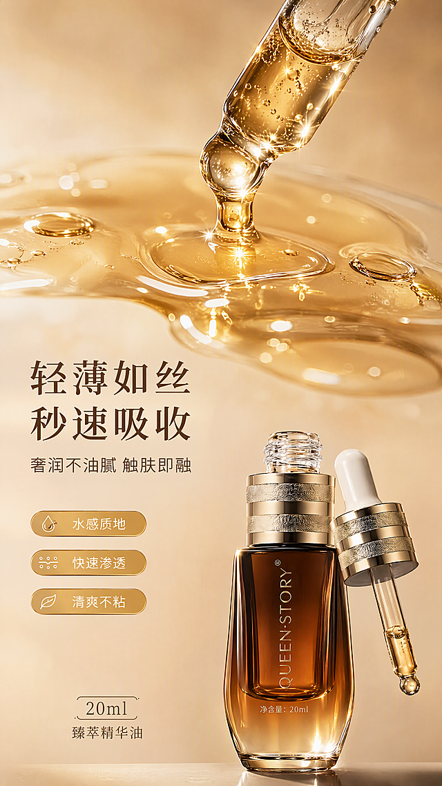 [第5张] 质地肤感页 - QUEEN·STORY臻萃焕活精华油质地微距展示。本张使用【图1】作为产品参考。
[氛围/风格] 极致微距质感，琥珀金调，水润通透，高级丝滑触感。
[元素布局] 画面上半部分为精华油质地微距特写：滴管正在滴下金色精华油滴，下方肌肤/玻璃表面上精华油铺开呈现水润光泽纹理，占画面约50%，油滴通透有高光反射；画面下方为精华油瓶局部/开盖展示，占比约25%；背景为浅棕渐变，柔焦虚化；展示精华油轻薄、水润、易推开的质地特点；产品外观与输入图一致。
[光影质感] 侧上方柔光打亮油滴表面，形成明亮高光点，油滴内部通透有折射，整体水润光泽感强，微距细节清晰。
[配色色系] 全局底色 #E8D5B8 浅金棕；主色琥珀金 #C89040；辅助色透明油滴高光、米白。
[视角构图] 上质地微距下产品构图，阅读动线上方质地大图 → 中部质地说明 → 下方产品。
[文字版式] 左侧中部主标题「轻薄如丝 秒速吸收」，深棕色衬线字体；副标题「奢润不油腻 触肤即融」；右侧3个质地标签：「水感质地」「快速渗透」「清爽不粘」，金色胶囊形标签；底部产品旁标注「20ml 臻萃精华油」；文字清晰，不遮挡油滴主体。
[比例分辨率] 9:16竖版比例，4K分辨率，文字清晰可辨，高清画质。
[负向提示词] 油滴质感不真实，产品变形，水印，模糊，颜色偏差，文字错乱。