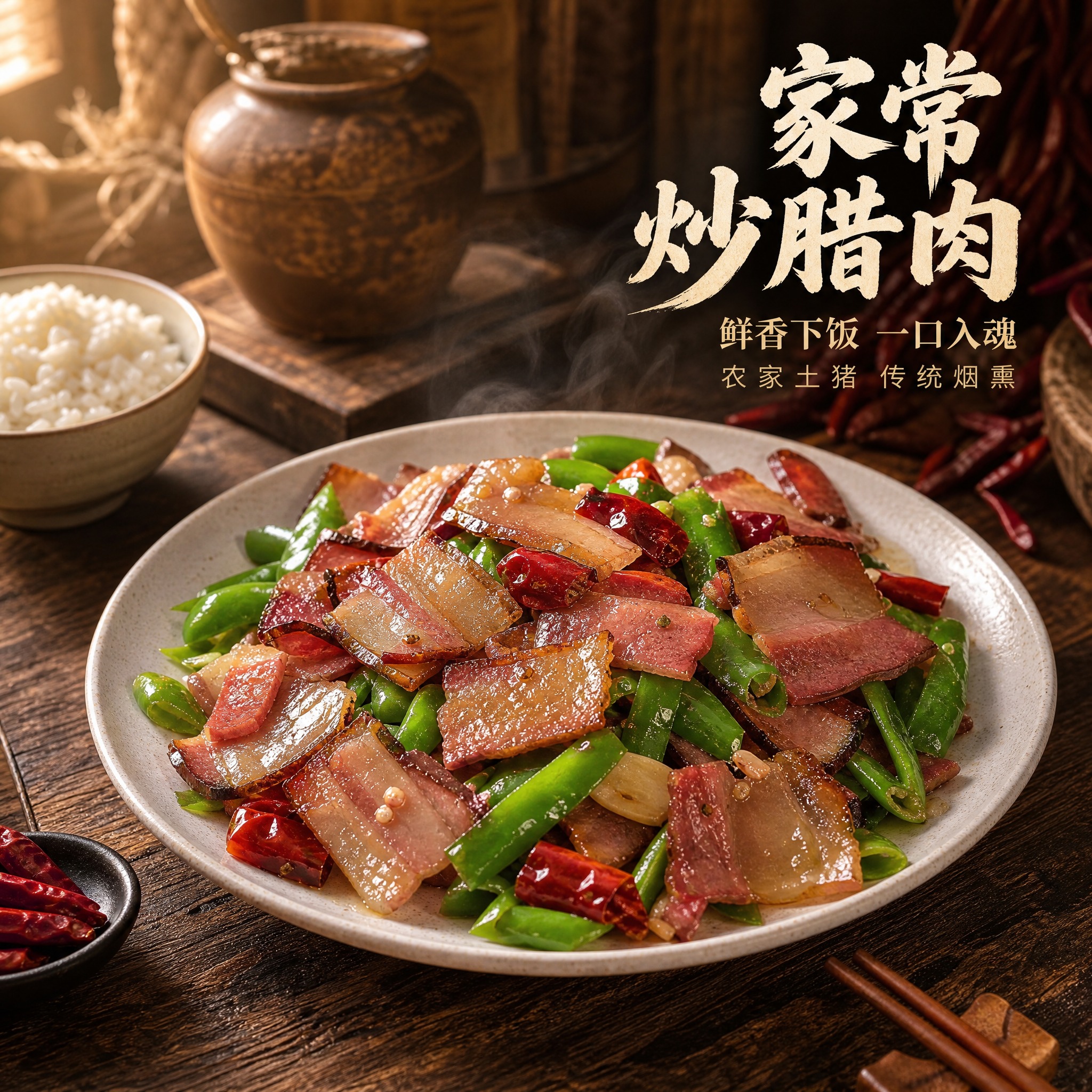 [主图-3] 川味腊肉烹饪场景图，展示青椒炒腊肉成品，激发食欲… - 图片创意预览
