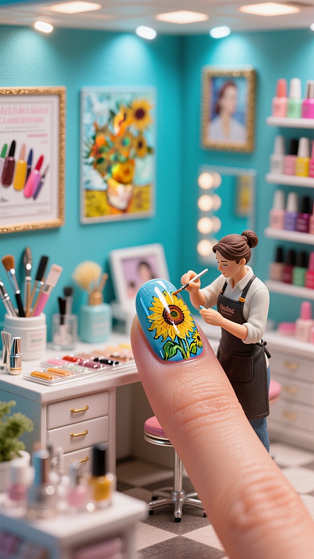 一根手指，美甲师在指甲上画梵高《向日葵》的美甲图案，背景是美甲店，明亮氛围。
