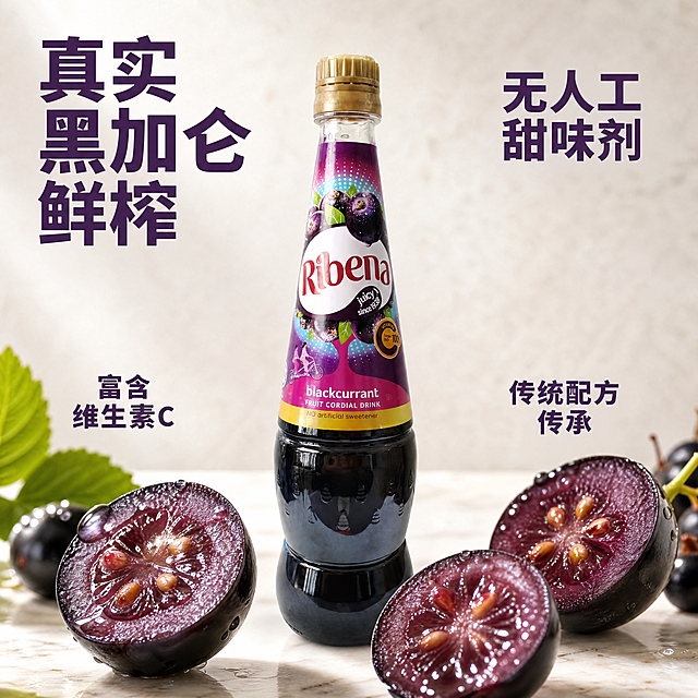 [主图-3重制] 利宾纳黑加仑汁原料细节卖点展示，瓶子端正摆放。
[氛围风格] 微距特写，突出新鲜质感与丰富卖点
[画质] 商业摄影质感、超高清细节、光线柔和通透、产品清晰真实
[元素] 整瓶利宾纳黑加仑浓缩汁端正竖直摆放在画面中后景中心位置，瓶身完全直立不歪斜，前景微距特写3颗完整切开的新鲜黑加仑，展示饱满多汁深紫果肉和细小种子，果肉表面挂满晶莹果汁水珠，微距突出果肉纹理和水润光泽。产品瓶身保持外观（物理结构、材质质感、颜色）与输入产品图绝对一致，杜绝任何变形和色差，精细化处理。商品主体占比约65%，前景果肉分布在画面右下和左下区域，完全不遮挡完整直立的产品瓶身。画面满屏无边框。
[光影] 自然顺侧光，突出果肉纹理和果汁光泽，水珠有高光点，整体通透诱人，食欲感强
[配色] 深紫果肉为主，搭配浅米白大理石托盘点缀，自然高级
[视角构图] 斜侧平视，前景微距特写轻微虚化，后景直立产品清晰锐利，层次感强
[文字版式] 画面四周负空间分布多组清晰卖点文案，全部深紫色粗体无衬线字体，字号层级分明，互不遮挡主体：左上大字"真实黑加仑鲜榨"，右上小字"无人工甜味剂"，左下小字"富含维生素C"，右下小字"传统配方传承"，所有文字都放置在空白区域，完全不遮挡直立的产品瓶身和前景果肉。
[比例分辨率] 1:1比例，4k分辨率，文字清晰锐利，超高清画质
[负向提示词] 瓶子歪斜，产品变形，水印，文字错乱，产品图模糊，背景杂乱，产品不一致，果肉干瘪，文字遮挡主体