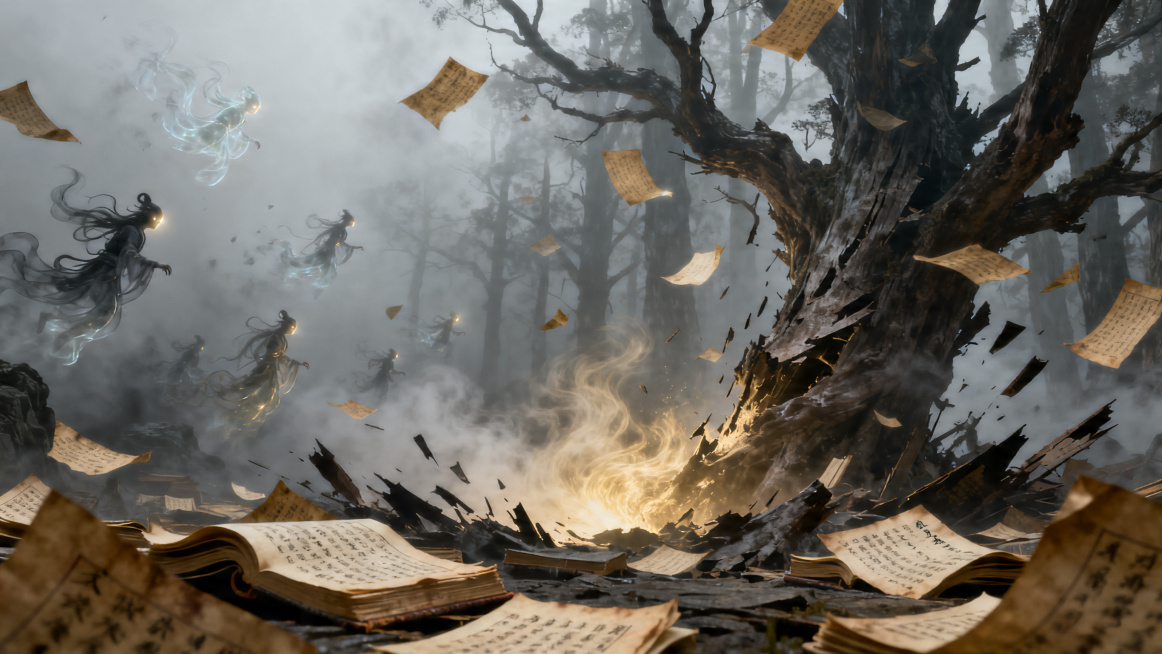 奇幻世界观场景，平行空间文渊界，灰雾笼罩整个空间，古籍林中泛黄纸页藏着黯淡的文墨精灵，部分低阶精灵正在消散，古老的古籍林开始崩塌，核心能量文墨之气持续流失，氛围压抑充满危机感，国风奇幻风格，宽屏构图，预览效果