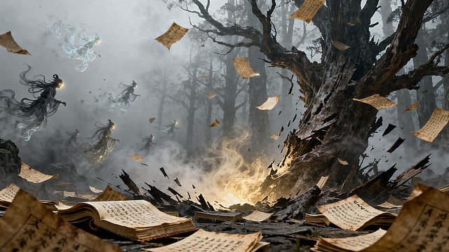 奇幻世界观场景，平行空间文渊界，灰雾笼罩整个空间，古籍林中泛黄纸页藏着黯淡的文墨精灵，部分低阶精灵正在消散，古老的古籍林开始崩塌，核心能量文墨之气持续流失，氛围压抑充满危机感，国风奇幻风格，宽屏构图，细腻刻画危机场景