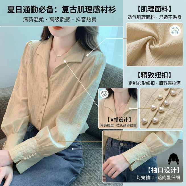 抖音小店卖点详情图，浅米色肌理感衬衫，画面分模块展示核心卖点：1. 肌理面料：标注"透气肌理面料 舒适不贴身"；2. V领设计：标注"修饰脸型 拉长颈部线条"；3. 精致纽扣：标注"定制心形纽扣 细节预览效果