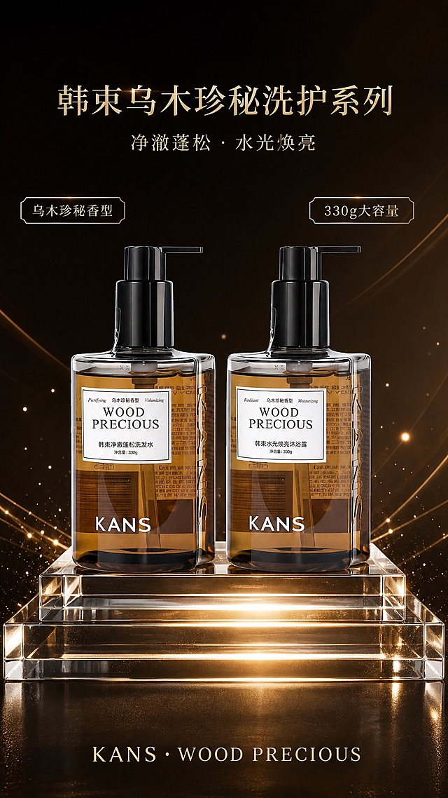 电商海报，高端奢华型洗护主题。画面中央偏下位置对称陈列两瓶韩束乌木珍秘洗护产品（洗发水在左、沐浴露在右，并排摆放于透明亚克力几何台阶上），产品100%还原上传商品图的外形、包装、LOGO、印刷文字、净含量，完整保留瓶型、黑色泵头、琥珀色透明液体、白色标签、KANS品牌字样、WOOD PRECIOUS文字、330g净含量信息，正面朝向清晰可读。背景为深黑到深棕的渐变底色，点缀金色光斑与细金色线条装饰，营造奢华质感。产品周围有少量金色粒子漂浮，底部有柔和金色光晕。玻璃瓶身反射出精致高光，琥珀色液体通透诱人。画面上半部分为文字排版区：顶部居中主标题"韩束乌木珍秘洗护系列"，字体精致有质感；副标题"净澈蓬松 · 水光焕亮"位于主标题下方；画面左右两侧各有一个卖点标签"乌木珍秘香型"和"330g大容量"；底部有品牌标识"KANS · WOOD PRECIOUS"。版式精美，文字不遮挡产品主体，四周留足安全边距。整体氛围高端奢华、极简高级，写实商业摄影风格，2K超清画质。画面中所有数字必须精确渲染，不得错位、遗漏或编造。画面中所有信息区域必须填充完整合理的内容，不得出现空白框或待填写区域。