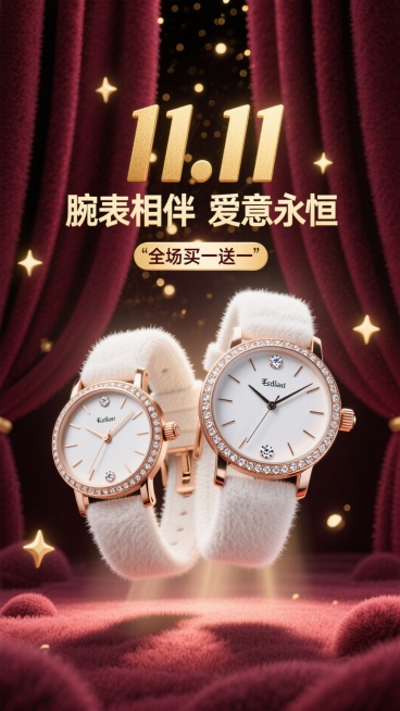 海报采用深邃的勃艮第酒红色背景，犹如天鹅绒幕布。画面中央，一道光束打下，聚焦于一对优雅交叉的男女款奢华腕表。表盘上的钻石与金属细节在光线下熠熠生辉，仿佛悬浮于璀璨星河之中。背景中若隐若现的金色光斑，如预览效果