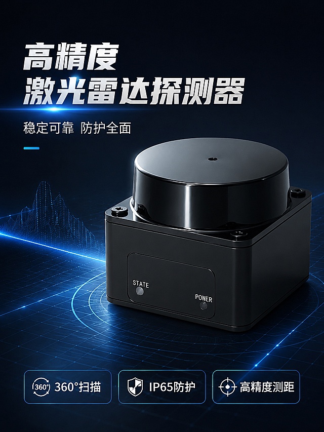 「图片1」「图片1」，生成详情页，商品名称为xxx，适配淘宝/天猫平台，单图比例为3:4，宽度750，需求屏数为8张。
里面logo去除，设备安装场景，博物馆展示墙中间上方位置，向下扇型，多边形探测器方式。
主要特点 
 高频激光脉冲发生技术、精密的光学扫描系统、高灵敏度集成测距芯片。  采用 1 级激光，保证人眼安全。 
 稳定性高、对环境光的抗干扰能力强。 
 采用集成测距芯片，性价比高。 
 IP65 防护等级。 
 360°扫描角度，0.25°角度分辨率。 
 扫描频率： 14HZ。 
 测程：0.05~25m（8m@10%）。 
 测距准度: ±10mm（0.5-5m）±30mm（全测程）。 
 响应时间：71ms（典型值），且 71ms-30000ms 可调。 
 体积小、功耗低、外观时尚。 
 适合不同的安装方法。 
基础参数 ：扫描原理 TOF 
线数 单线 
尺寸 53.8* 51.3* 42.9 mm³ 
（注：增加压线扣之后的尺寸为 60.5* 51.3* 42.9 mm³） 
基础参数 
激光波长 940nm 
净重 0.14kg 
功耗 3.7W 
工作电压 9~28VDC 
性能参数 :扫描频率 14HZ 
测程 0.05~25m（8m@10%） 
（注：10mm 以内数据作为标志位使用，不可使用做其他判断） 性能参数 
测距准度 ±10mm（0.5-5m）±30mm（全测程） 
 
水平视场角 360° 
水平角分辨率 0.25° 
响应时间 71ms 
接口 :网络接口 RJ45 水晶头（仅支持 UDP） 接口 
输入 4 路（NPN/PNP） 
 
输出 3 路（NPN/PNP） 
区域组数量 16