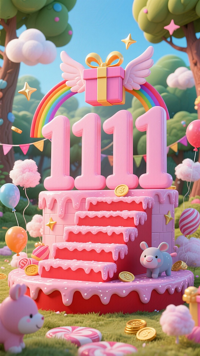 核心是“11月11日购物节” 的金色魔法字体（带星光特效），置于粉色糖果色的魔法城堡阶梯展台（红色与粉色结合，有糖霜质感）。背景是卡通童话森林、会飞的魔法礼盒（带翅膀）、彩虹彩带、闪着星光的金币、棉花糖云朵、动物形状气球，整体风格梦幻童话，突出双十一童话魔法购物狂欢氛围。