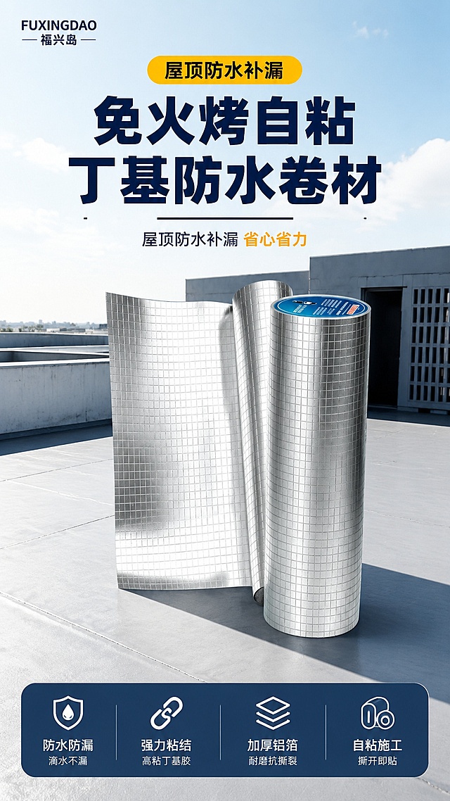 [第1屏] 详情页头图-免火烤自粘丁基防水卷材产品宣传。本屏使用【图8】作为商品主体。
[氛围/风格] 专业建材风格，真实屋顶场景，清晰商业摄影质感，信息突出。
[元素布局] 防水卷材产品放置于画面中下偏右位置，占比约70%，背景为平整屋顶户外场景；左上角预留品牌位置，上方大标题区域，产品主体保持原有银铝箔格纹外观，结构与输入产品图一致。
[光影质感] 自然日光从左前方照射，产品右侧保留自然投影，整体光线均匀，铝箔表面金属反光自然，清晰展现质感。
[配色色系] 全局底色 #F5F5F5；主色深蓝+产品银灰色；辅助色浅灰背景，黄橙色高亮。
[视角构图] 正面平视视角，产品为绝对视觉中心，阅读动线从上到下。
[文字版式] 版式为上方标题区 + 中部产品展示 + 底部卖点信息条。主标题「免火烤自粘丁基防水卷材」，副标题「屋顶防水补漏 省心省力」，主标题加粗加大，副标题位于下方；底部信息条标注核心卖点「加厚铝箔+高粘丁基橡胶」；所有文字清晰不遮挡产品主体。
[比例分辨率] width:1080