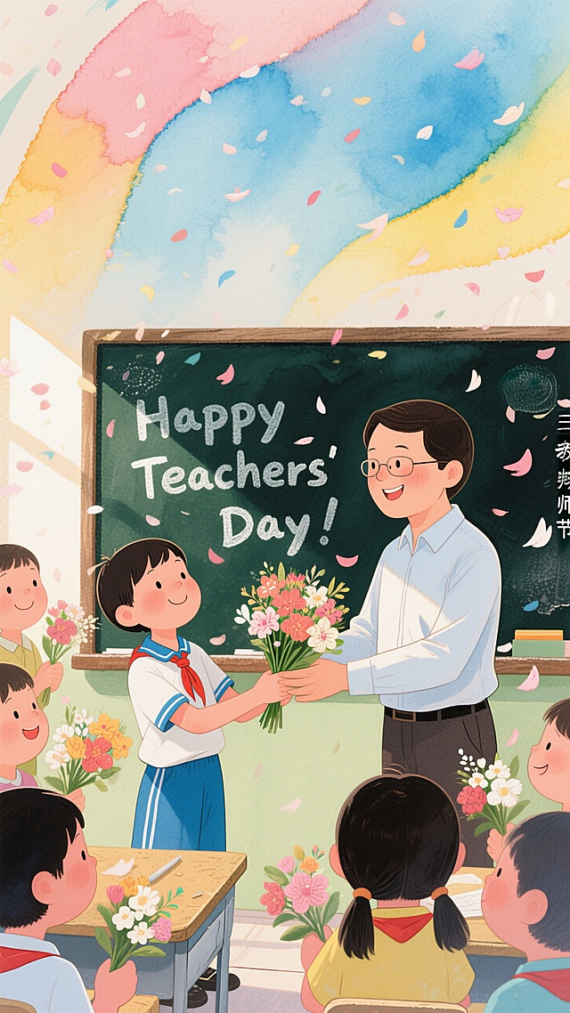 水彩风插画，清新卡通感，学生献花庆祝教师节，彩虹背景增添节日温馨氛围。